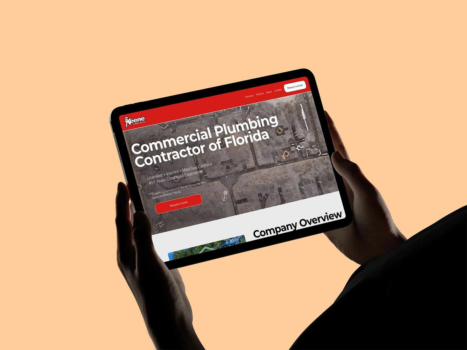 Website portfolio preview for Keene Plumbing Services featuring a responsive plumbing contractor website displayed on a tablet mockup with bold typography, commercial branding, and a modern user interface.