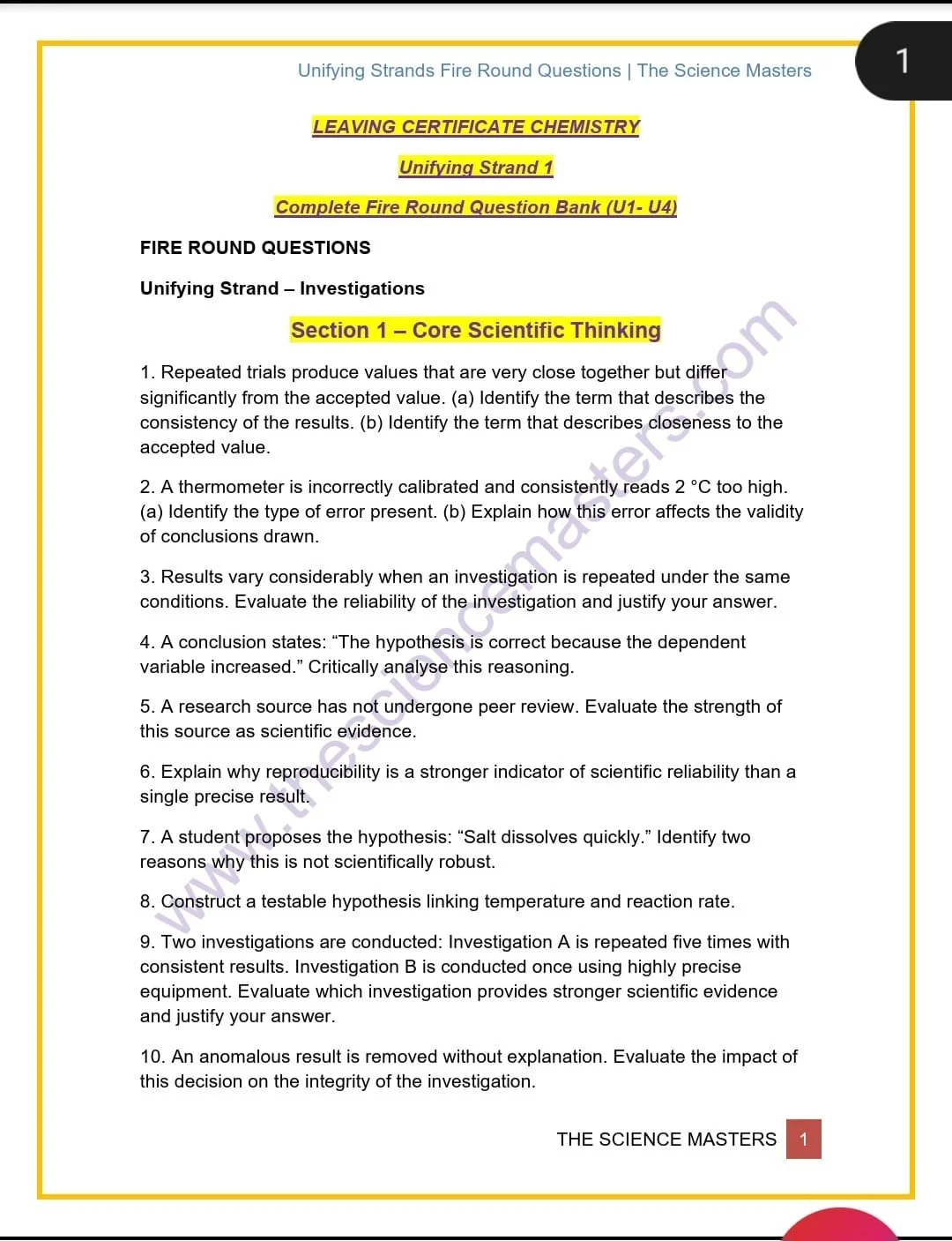 Senior Cycle Chemistry - Fire Round Questions - Unifying Strand