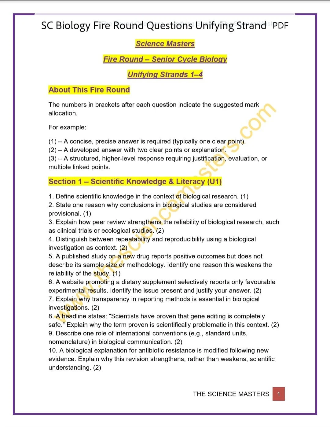 Senior Cycle Biology – Fire Round Questions – Unifying Strands 1–4