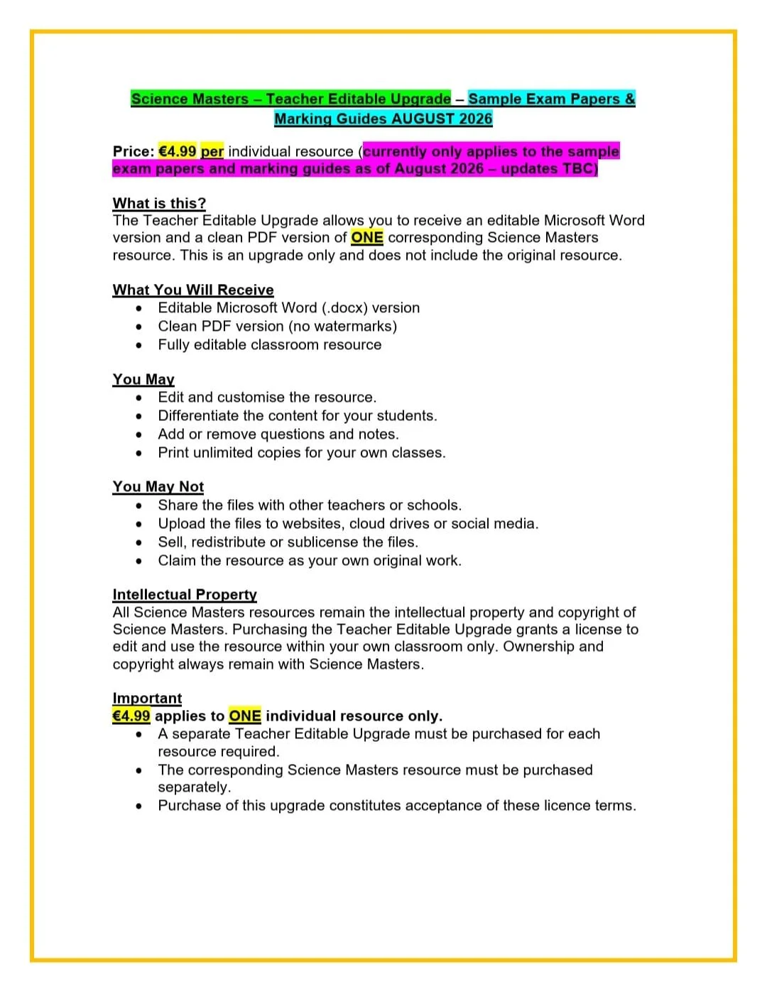 Upgrade your Science Masters resource with an editable Microsoft Word version, a clean PDF and classroom editing rights for just €4.99 per resource.