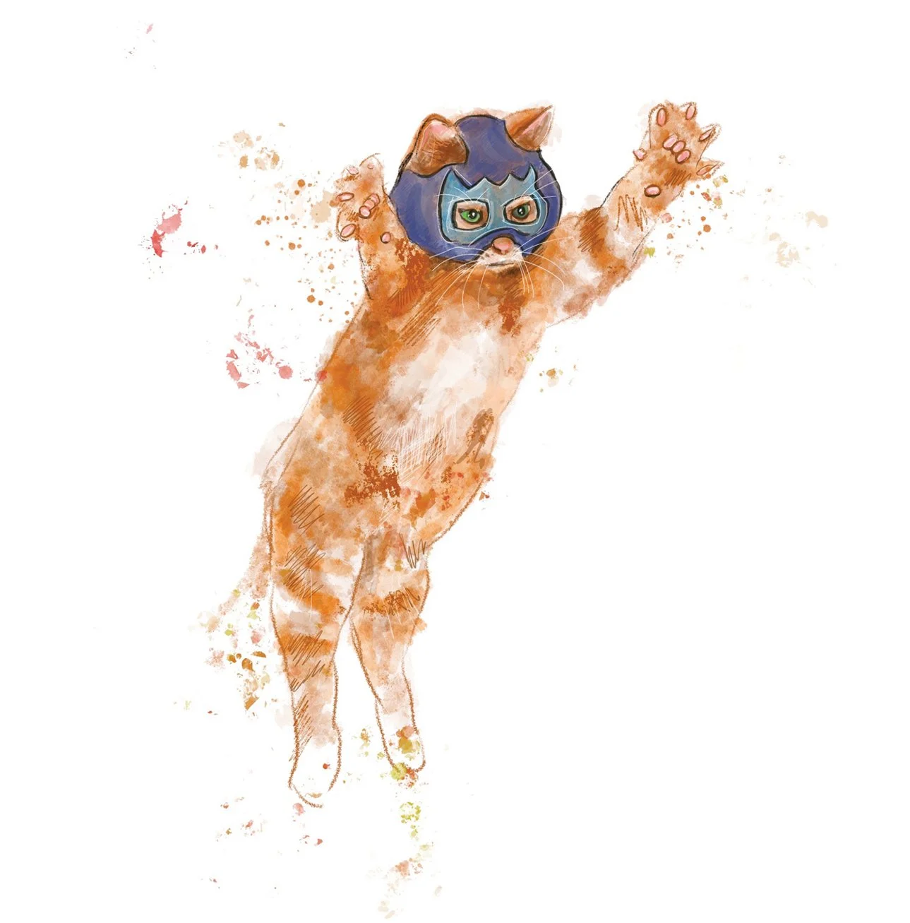 An illustrated cat wearing a superhero mask with arms raised as if flying or jumping.