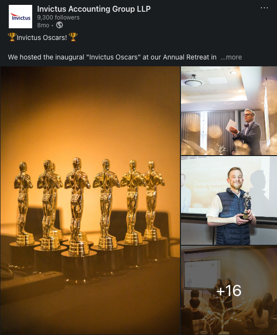 A collage of images from an awards ceremony event. The largest image shows multiple gold Oscar statuette trophies lined up. The top right image shows a man giving a presentation in a conference room. The middle right image shows a man holding an award and smiling in front of a screen displaying a congratulatory message. The bottom right image shows a group of people attending a presentation or seminar, with some taking notes.