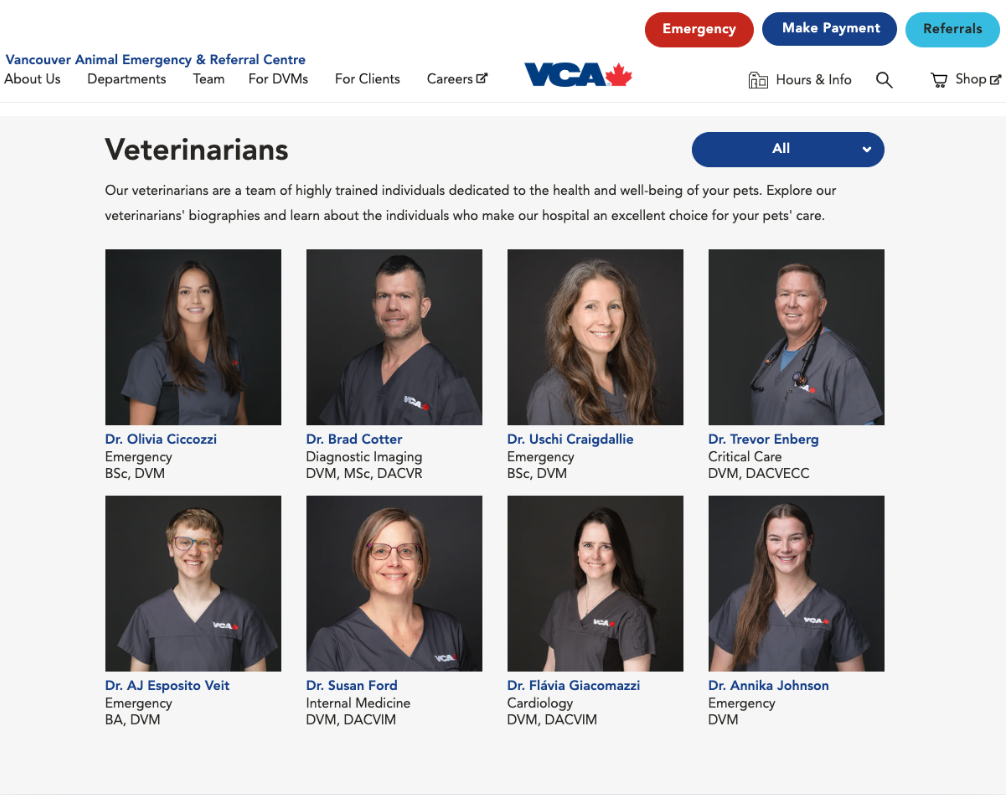 Photographs of eight veterinarians from Vancouver Animal Emergency & Referral Centre, including their names, titles, and qualifications.