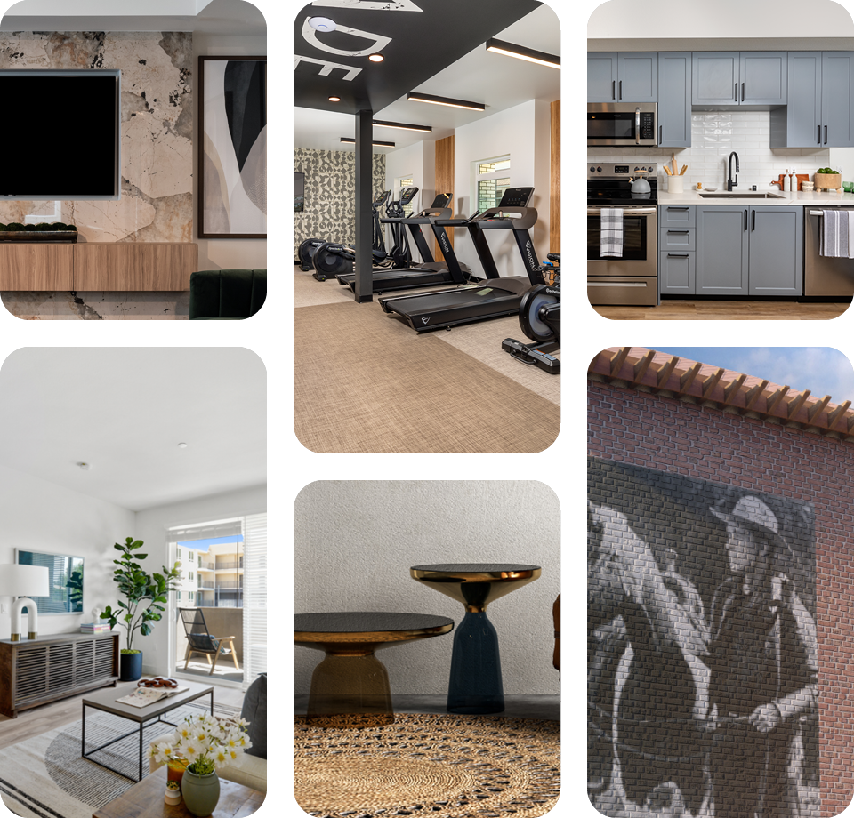 Collage of interior and exterior spaces, including a living room with a television, a home gym with treadmills and elliptical machines, a kitchen with blue cabinets, a bedroom or sitting area with furniture, a brick exterior wall with a mural of skeletons, and decorative tables.