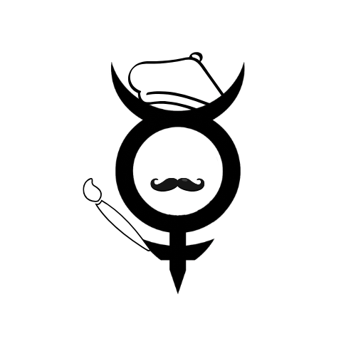 A stylized male symbol character with a mustache, wearing a beret, holding a paintbrush, with a cupid arrow behind it.