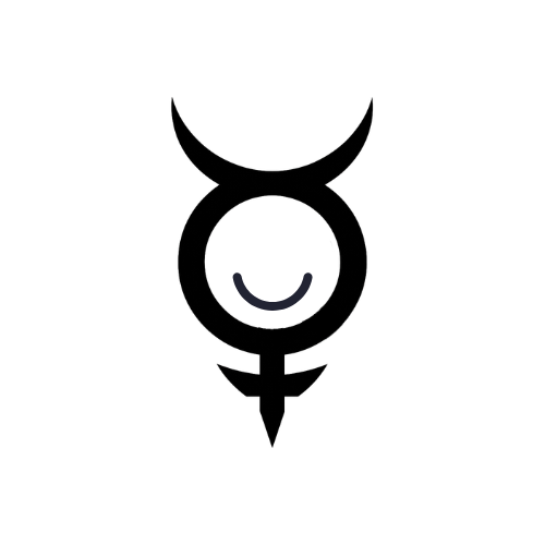 A minimalist black and white symbol combining a crescent moon, a smiling face, and a downward-pointing arrow.
