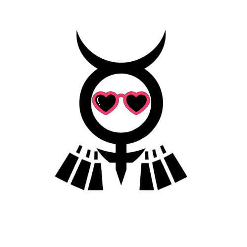 A stylized black and white illustration of a female figure with horns, heart-shaped sunglasses, and decorative elements resembling jewelry or accessories.