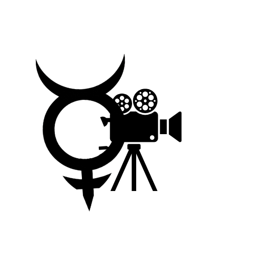 Black symbol combining a camera with film reels and devil horns.