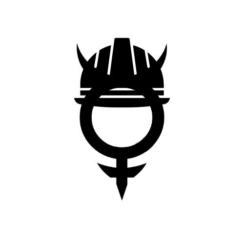 Black tribal-style illustration of a character with a helmet and horns, resembling a warrior or mythological figure.