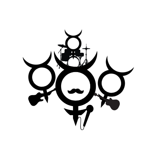 A black and white design combining crescent moons, musical instruments, a mustache, and musical notes on a white background.
