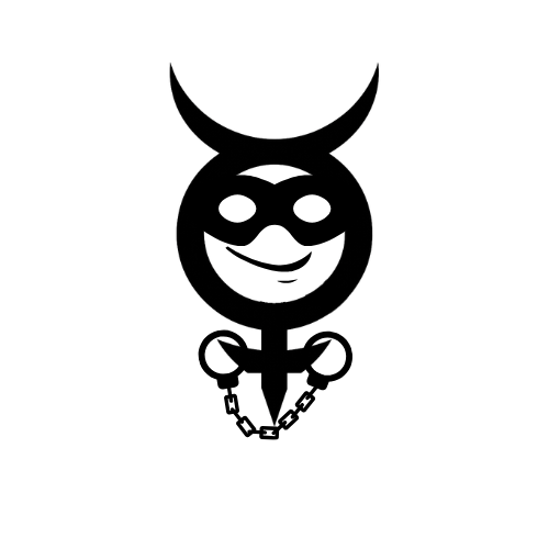 A black and white cartoon-style devil with a smiling face, horns, a chain around its neck, and a tail.