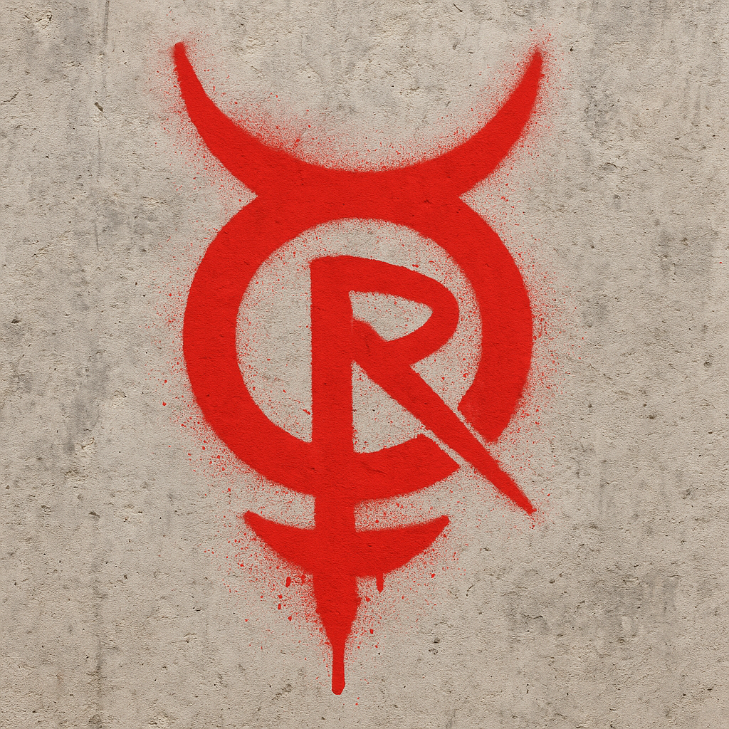 Red graffiti of a symbol combining the Saturn symbol with a stylized 'R', painted on a concrete wall.