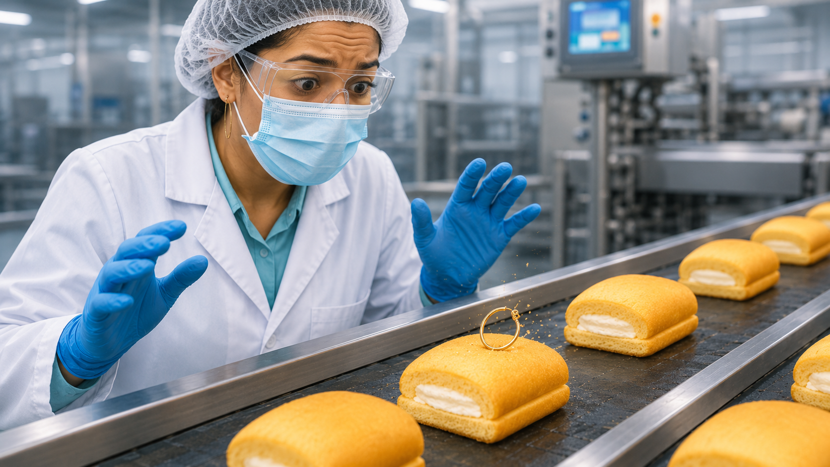 A bakery worker wearing protective gear is surprised to see her earring fell off and onto a snack cake on a food production line.