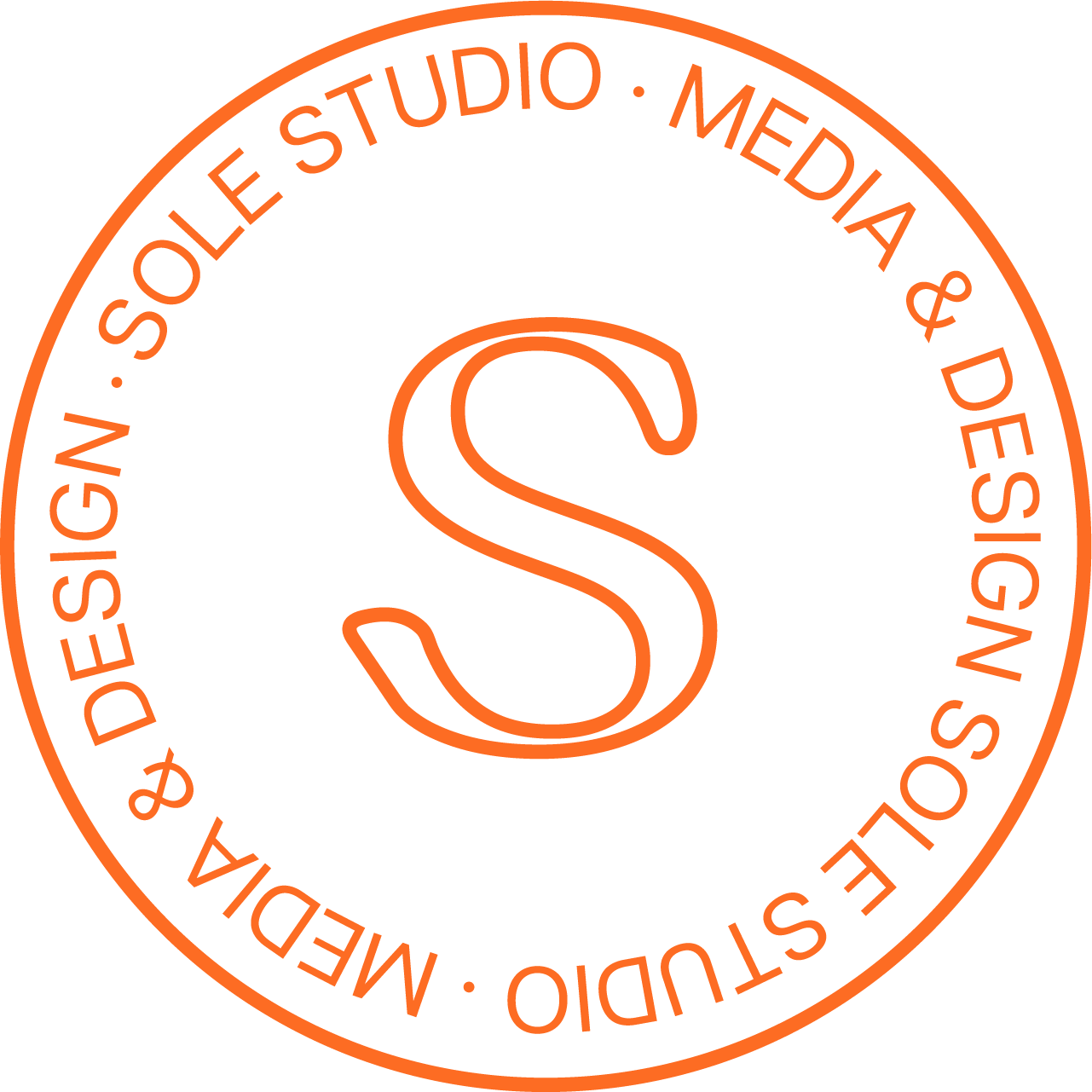 Circular logo with orange outline and text on a black background. The large central letter 'S' and around the circle, it reads: 'SOLE STUDIO · MEDIA & DESIGN · MEND'.