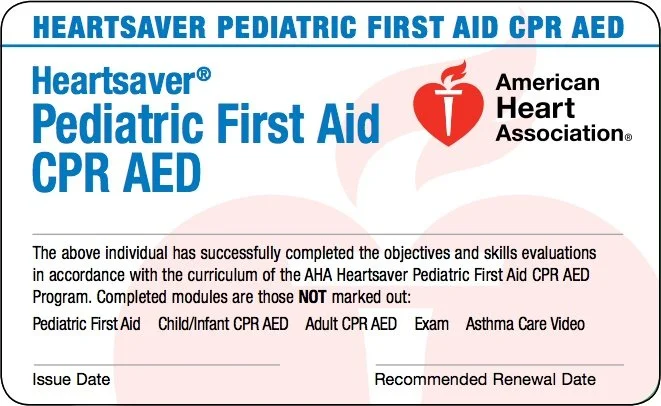 Certificate from the American Heart Association for Pediatric First Aid, CPR, and AED, featuring the HeartSaver logo and text indicating completion of training modules.