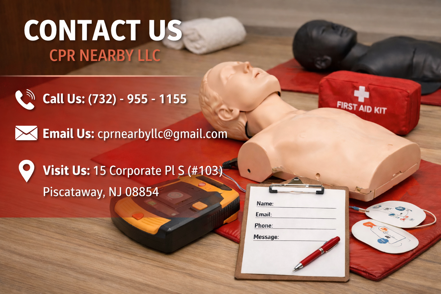 Contact information for CPR NEARBY LLC with a background of CPR training mannequins, AED trainer, first aid kit, and a clipboard.