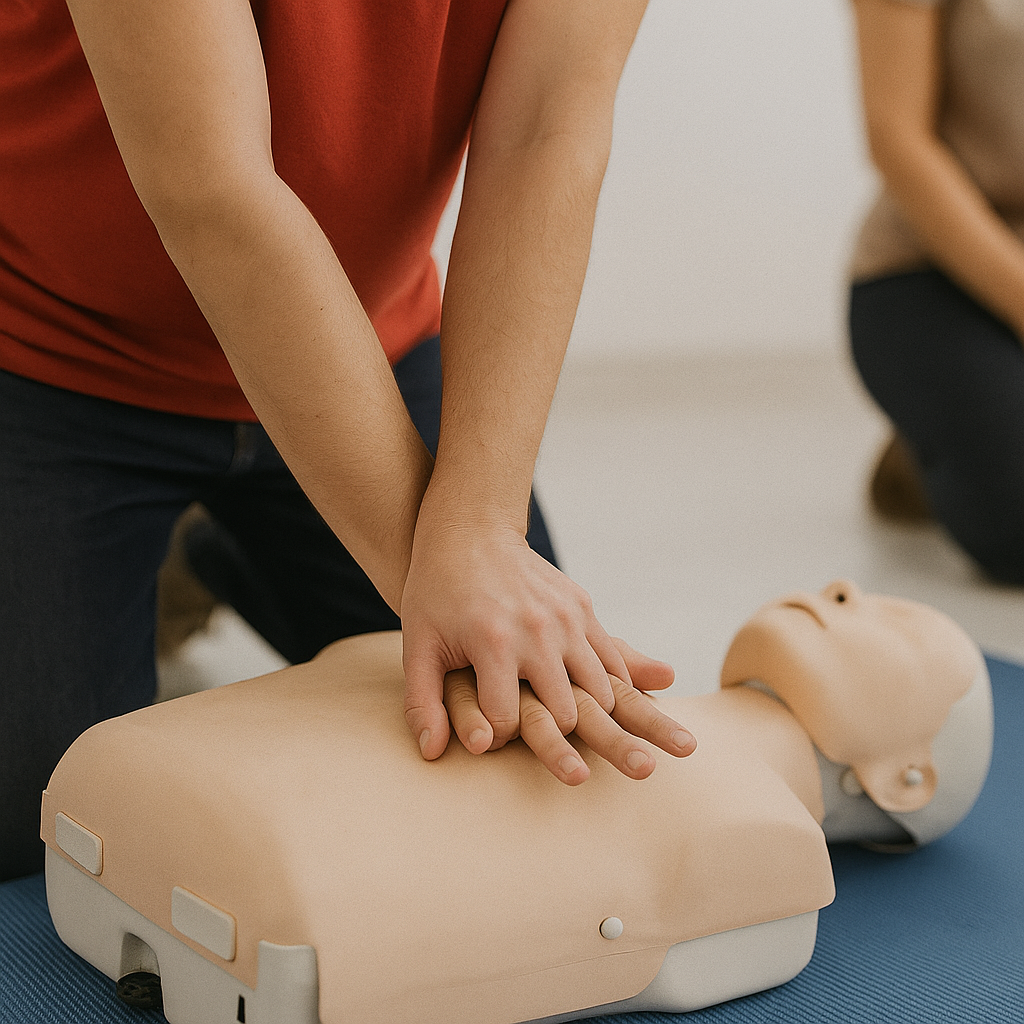 Person performing CPR on a mannequin during a training session.