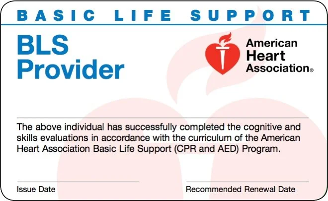 Certificate indicating completion of CPR and AED skills evaluation from the American Heart Association, issued by a BLS Provider, with logos and spaces for issue date and renewal date.