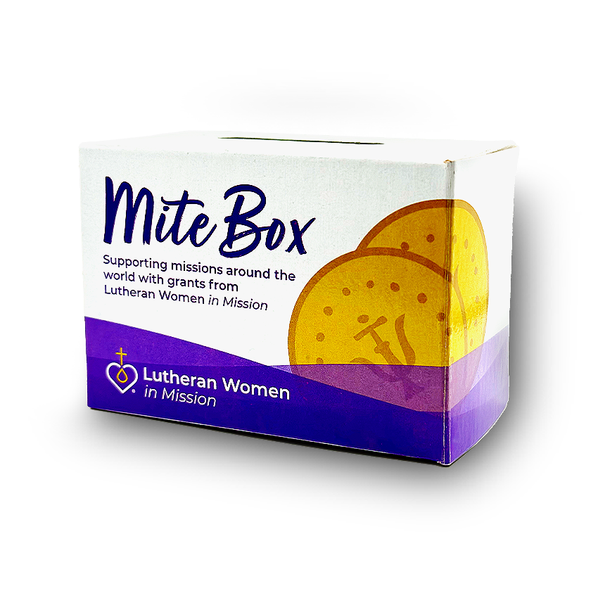 A box labeled 'Mite Box' supporting missions by Lutheran Women in Mission. The box features a graphic of two gold coins with a dollar sign.