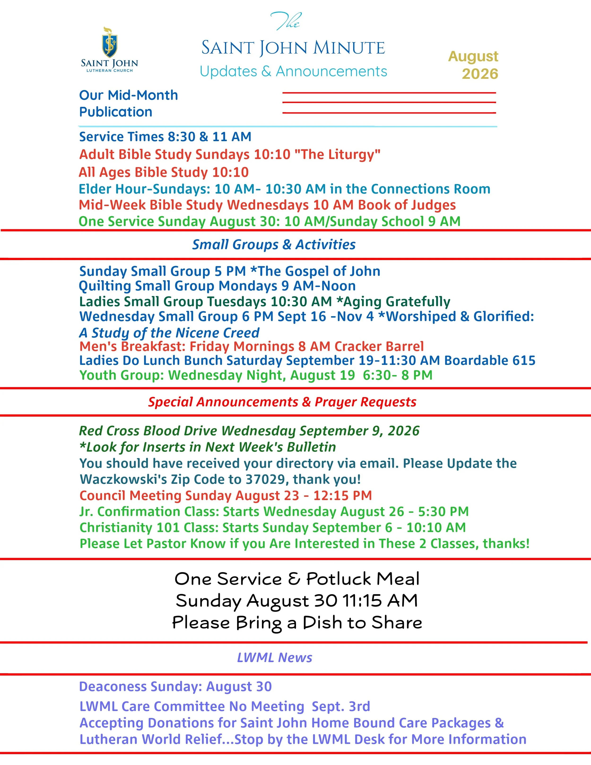 Newsletter page from Saint John Lutheran Church for August 2026, listing church activities, service times, small groups, special events, and community service announcements.