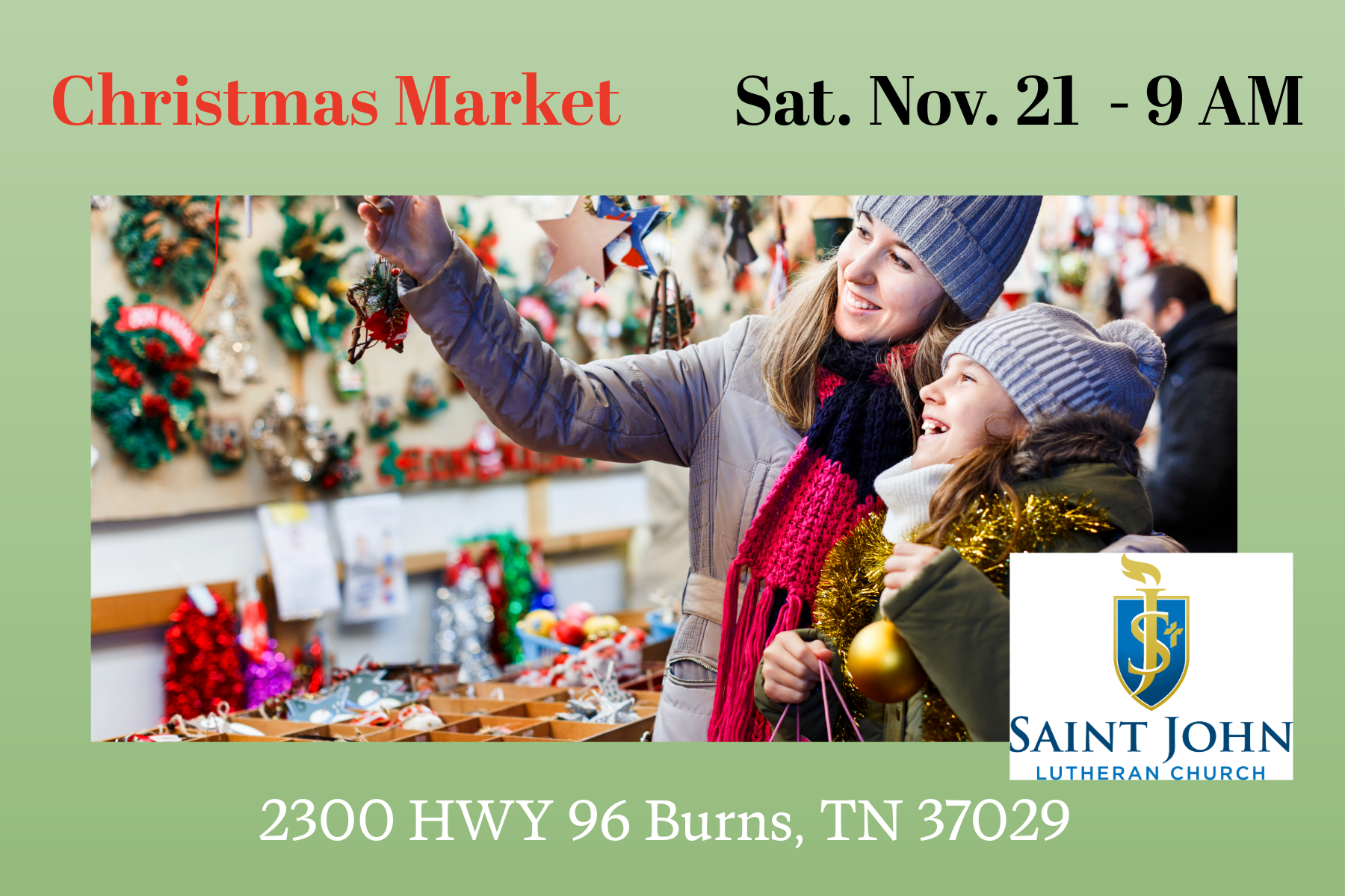 A woman and a girl shopping at a Christmas market, surrounded by holiday decorations and ornaments, with a church logo and address of Saint John Lutheran Church in Tennessee.