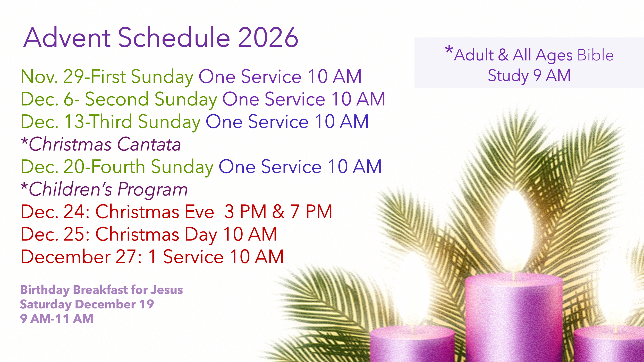 Text details a 2026 advent schedule, with dates and times of services, special programs, and Christmas events, alongside images of candles and pine branches.