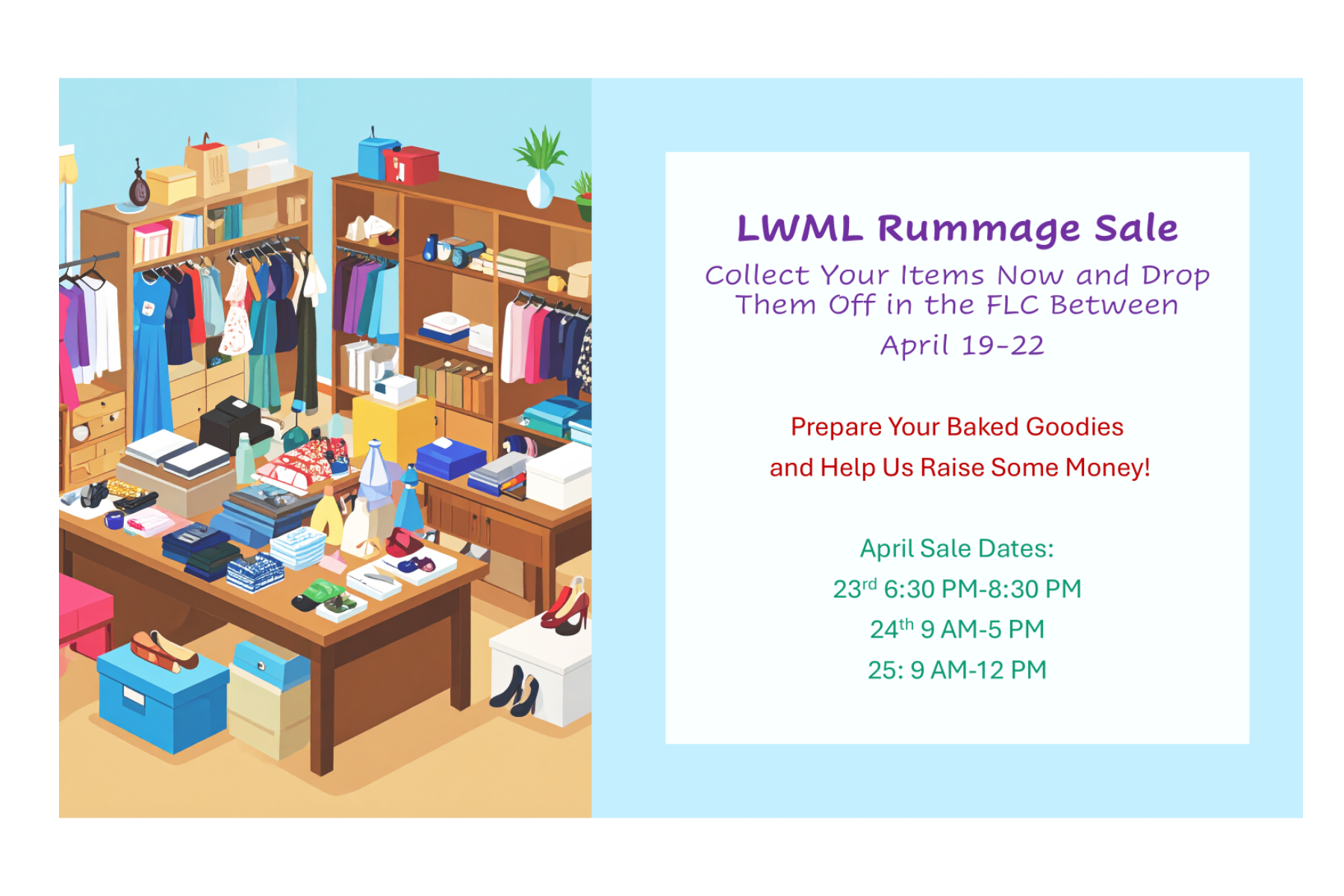 An illustration of a clothing and accessory sale inside a room with blue walls and wooden furniture, featuring racks of clothes, shelves with folded items, and a table with various accessories, next to a flyer about an upcoming rummage sale event.