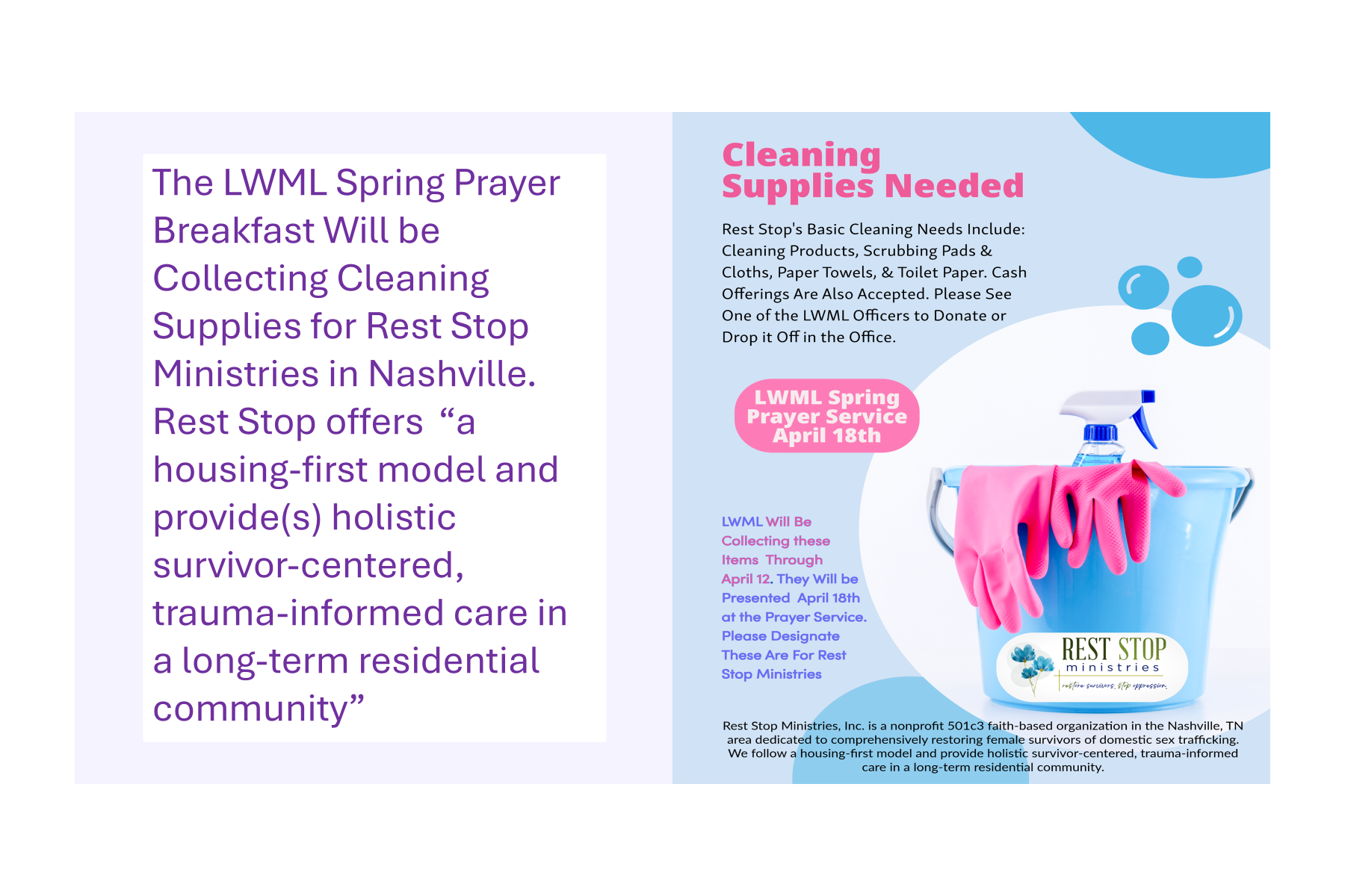 Flyer announcing a spring prayer breakfast and donation drive organized by Rest Stop Ministries in Nashville, showcasing cleaning supplies needed and emphasizing survivor-centered care.