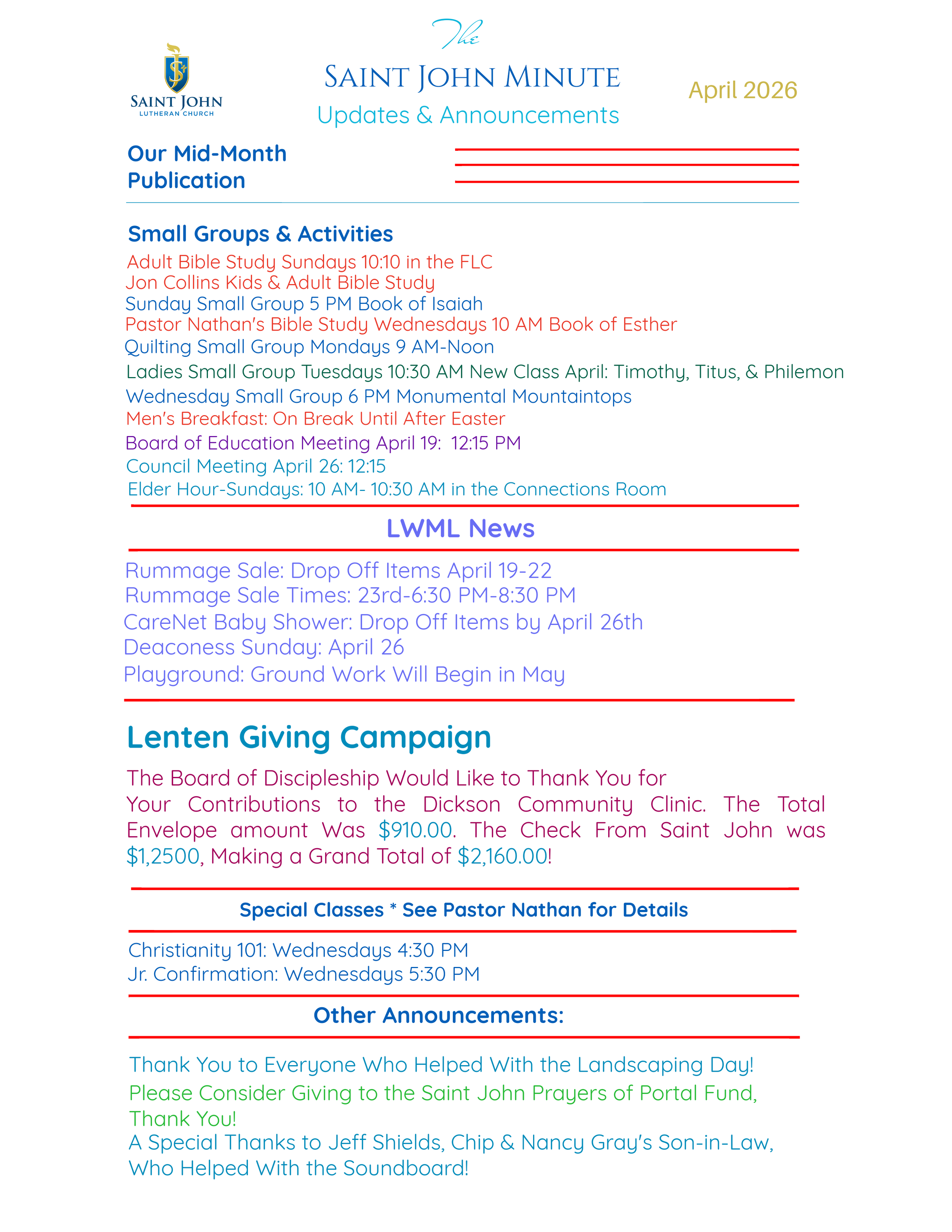 Monthly newsletter from Saint John Lutheran Church for April 2026, with updates on church events, meetings, activities, news, campaigns, and announcements.