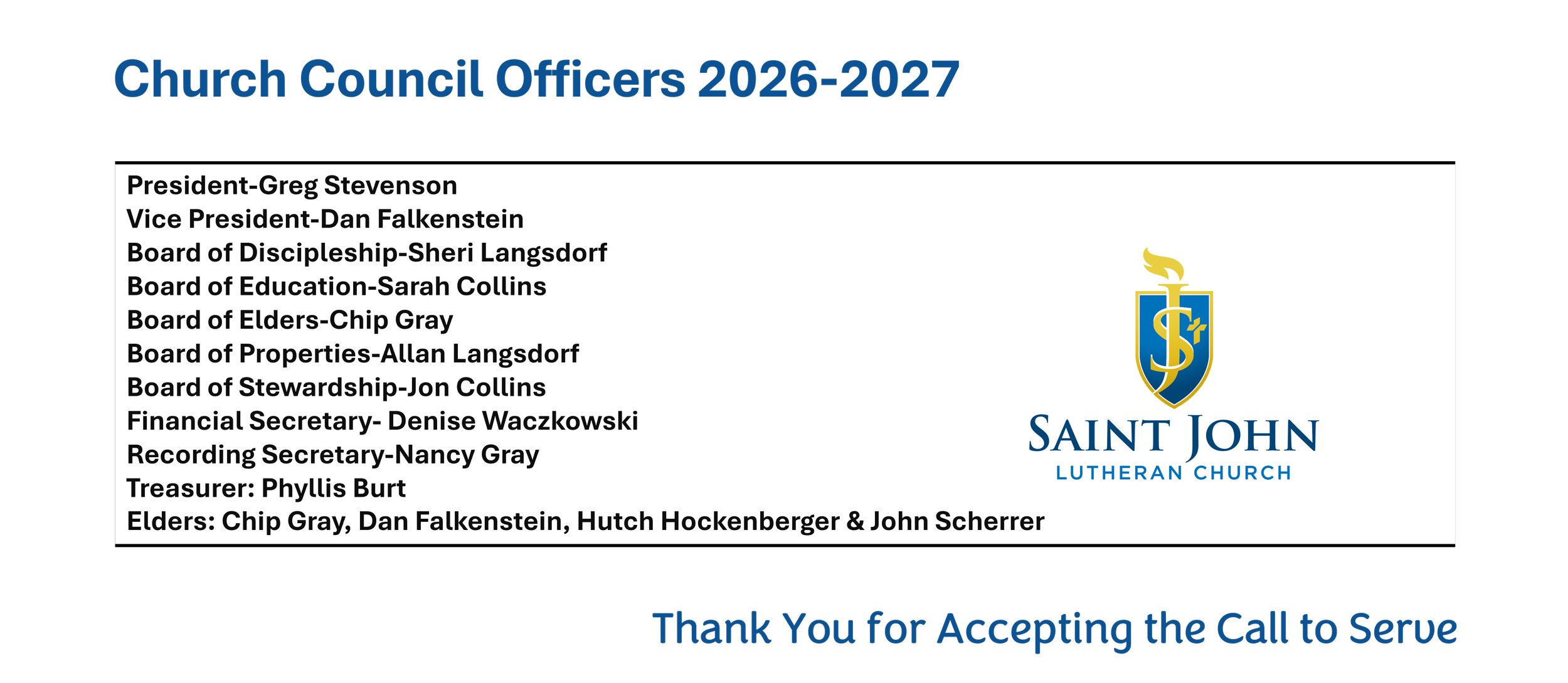 Slide showing list of Saint John Lutheran Church Council Officers for 2026-2027 with church logo and message of thanks for serving.
