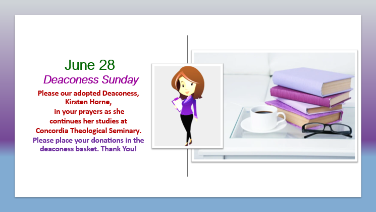 A digital invitation for Deacons Sunday on June 28, including a cartoon woman holding a book, a stack of purple and pink books, a cup of coffee, and reading glasses.