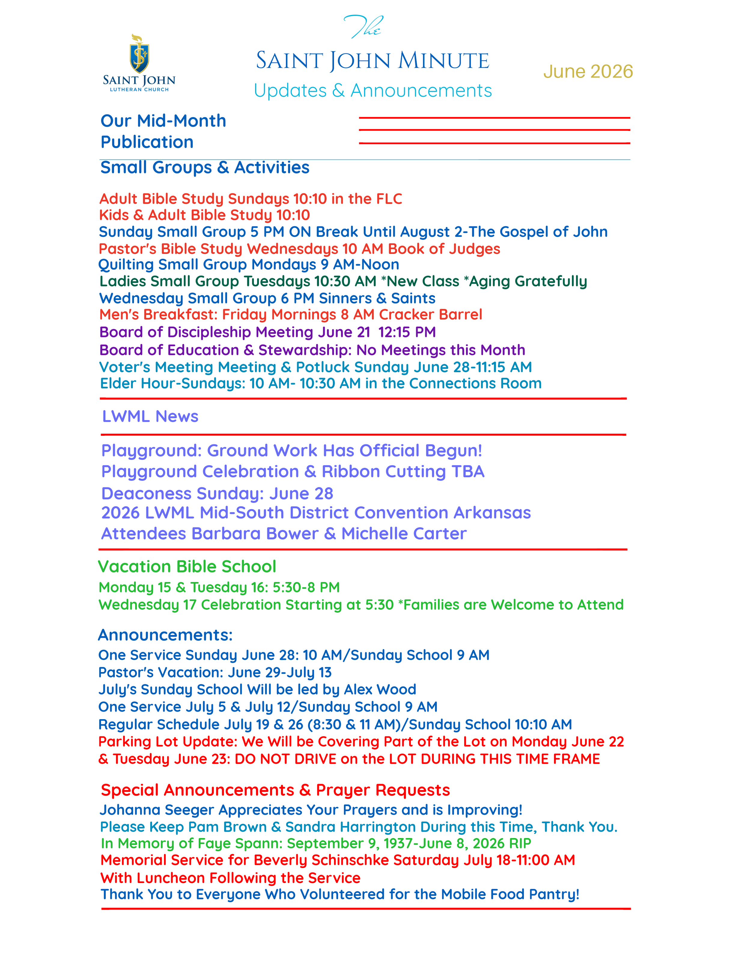 A newsletter titled "The Saint John Minute" for June 2026 covering updates and announcements from Saint John Lutheran Church. It includes schedules for Bible studies, small groups, upcoming events, memorial services, special prayers, and acknowledgments.