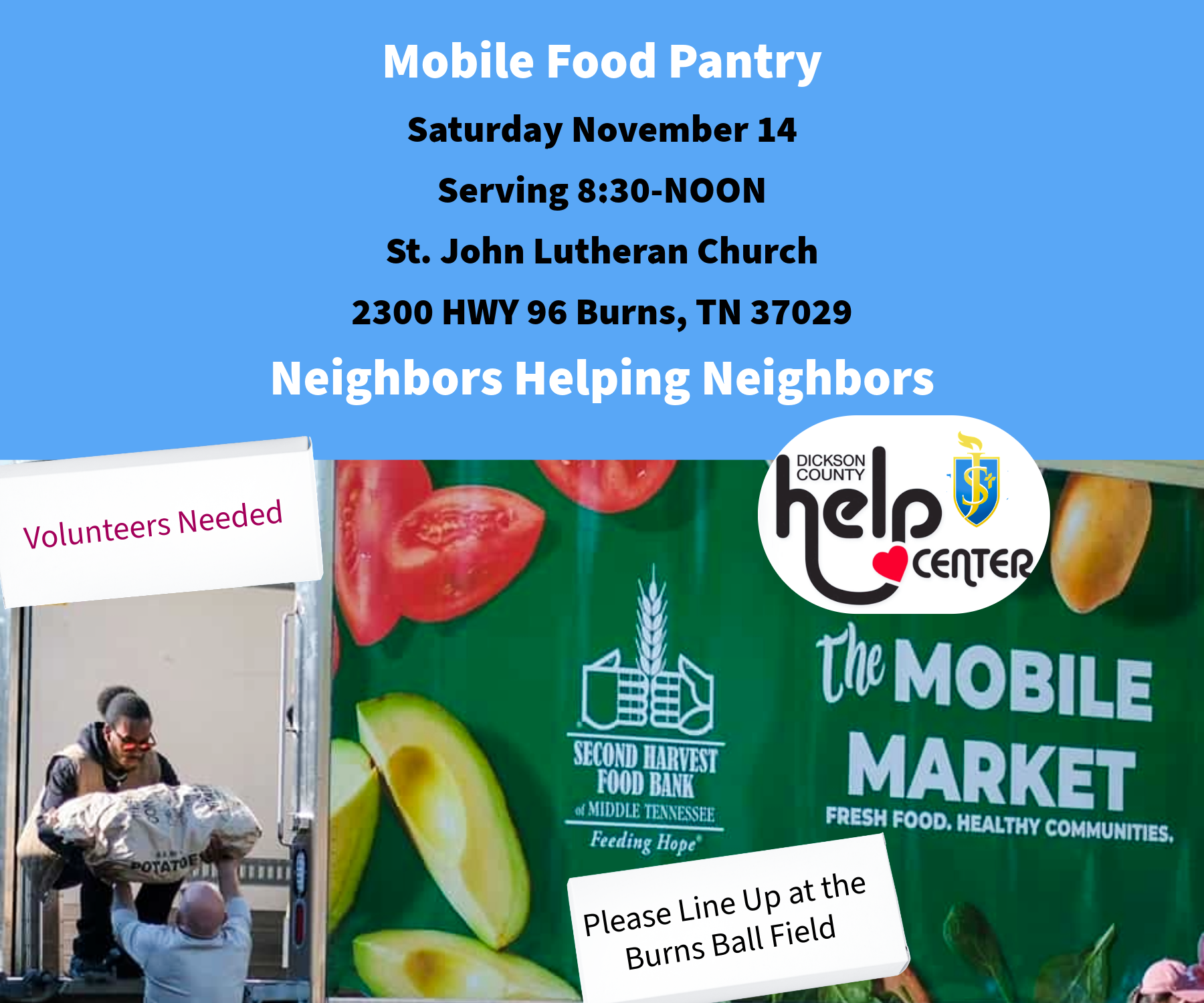Blue informational poster for a mobile food pantry event on November 14 at St. John Lutheran Church, featuring images of vegetables and signs requesting volunteers and line-up instructions.