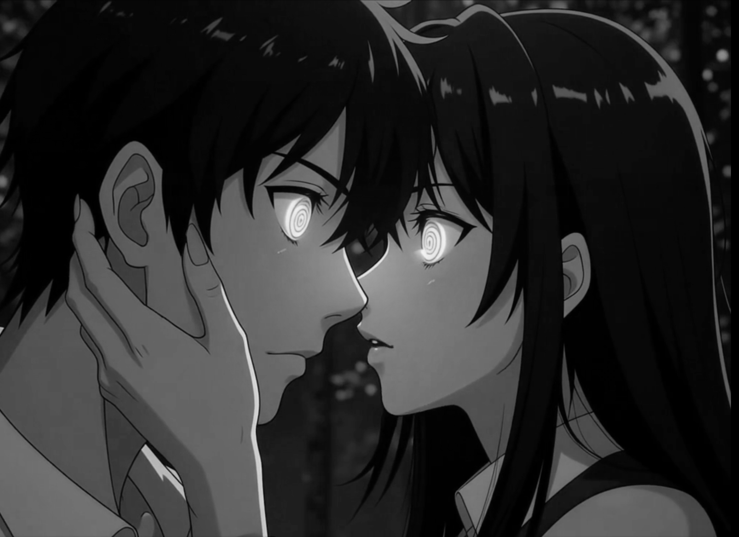A black and white anime-style illustration of a femdom hypnotist trancing a male submissive, with the femdom's hand gently holding the sub's face. Both characters have spiral designs in their eyes, suggesting a hypnotic or intense emotional moment.