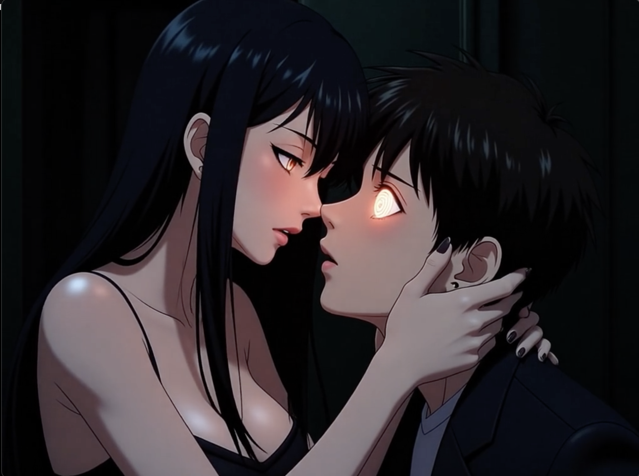 Anime scene  of a femdom hypnotist trancing a male submissive, with the femdom's hand gently holding the sub's face. Both characters have spiral designs in their eyes, suggesting a hypnotic or intense emotional hypnotic trance.