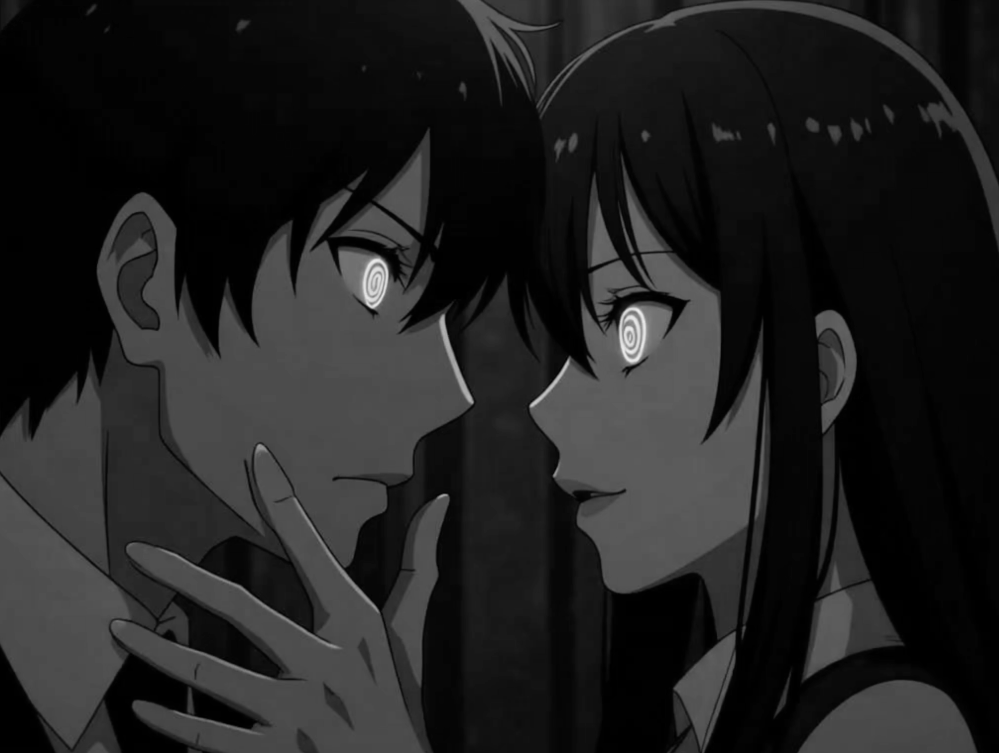 Anime-style black-and-white illustration of a boy with spiral eyes and girl with spiral eyes, close-up faces, and hypnotic spiral eyes, as the femdom hypnotist trances the male submissive.