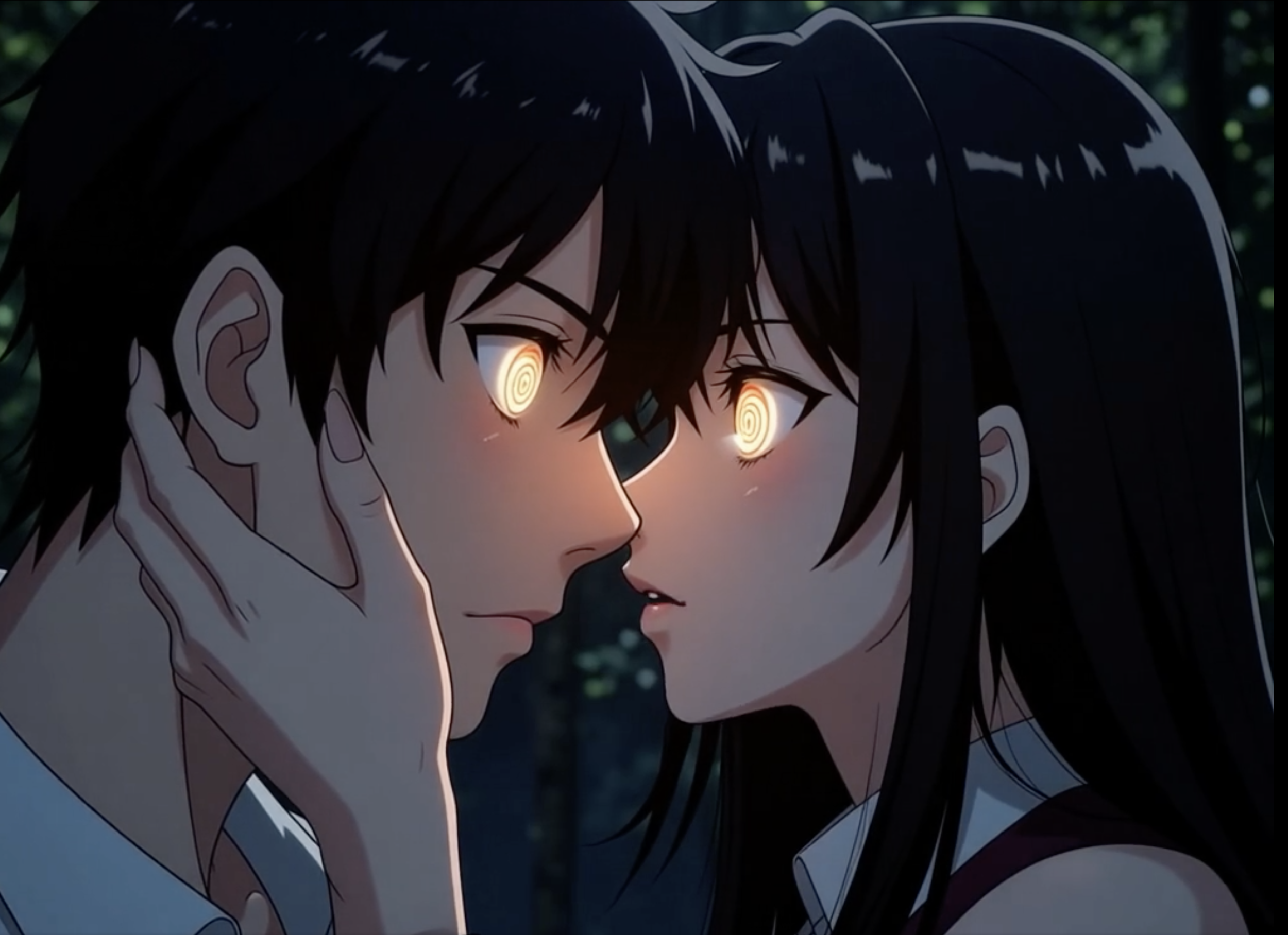 Anime scene of a boy and girl with glowing eyes close face-to-face in a dark outdoor setting.