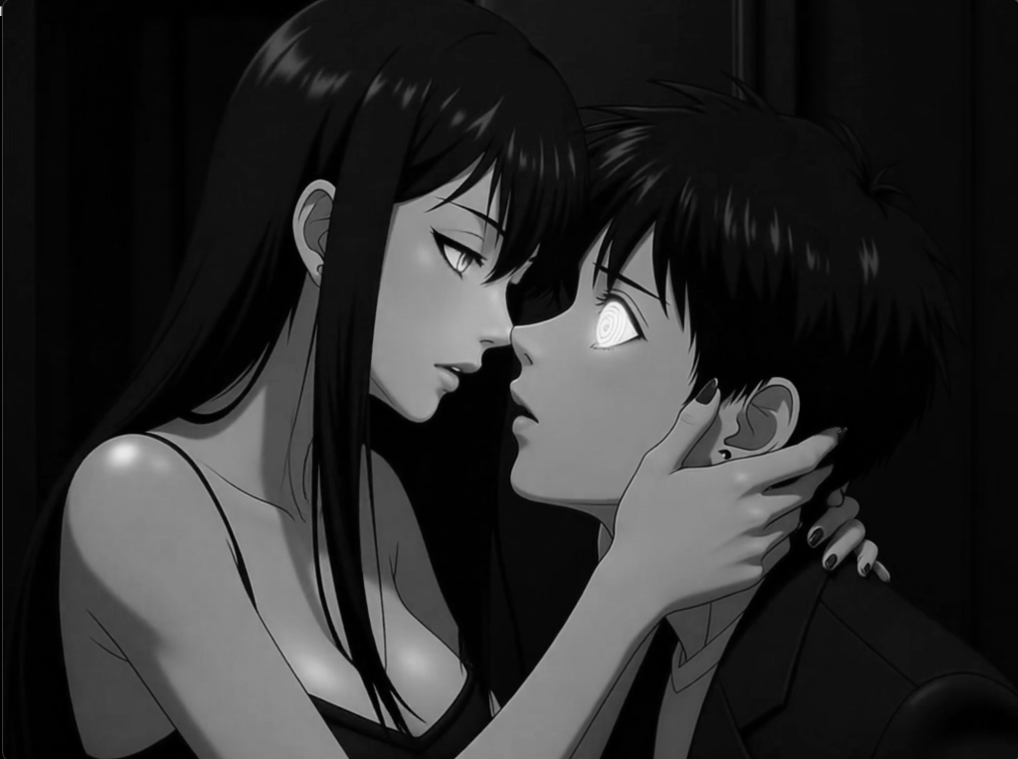 A black and white anime-style illustration of a femdom woman hypnotizing and a man with spiral eyes in an intimate, hypnotic trance, with the woman holding the man's face and leaning in close.