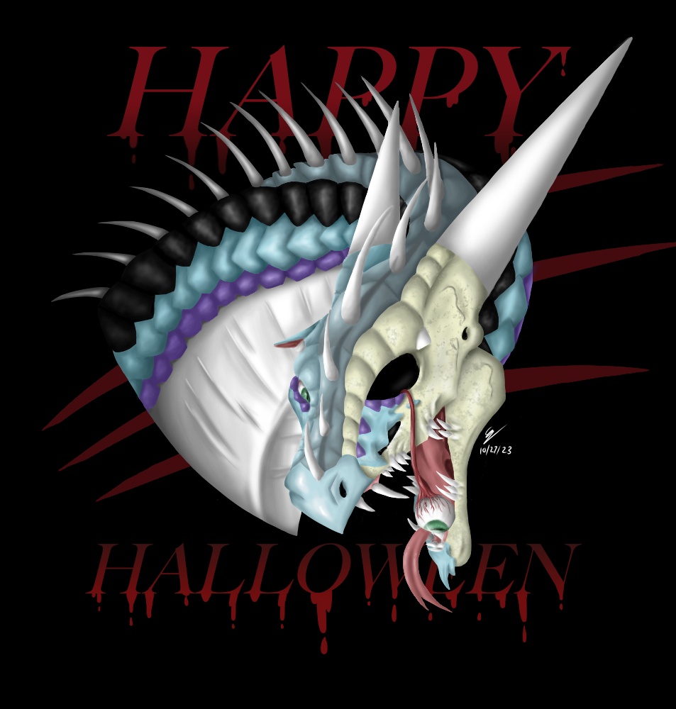 Illustration for Halloween featuring my original character, Frostbite