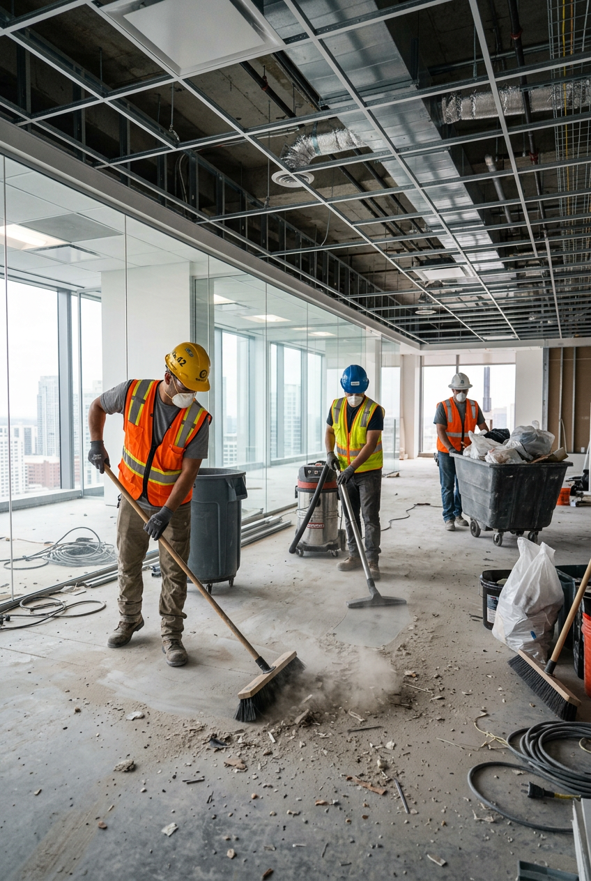 Three construction workers in safety vests and helmets cleaning and tearing down the interior floor of an office building under construction, with large windows and a city view in the background.