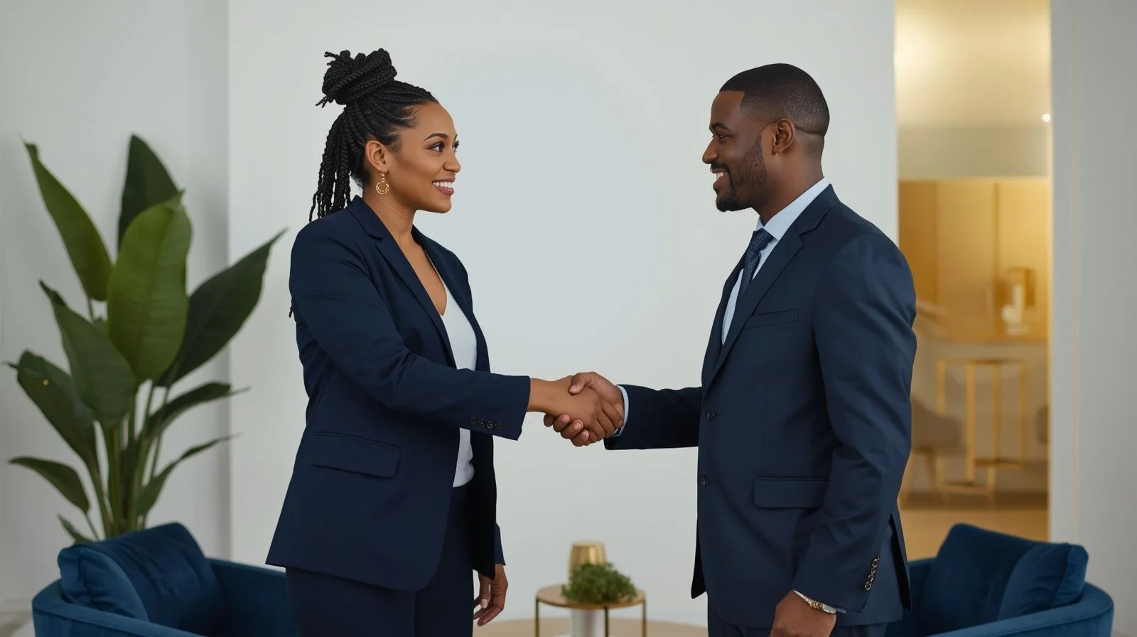 Two professionals, a woman and a man, in formal business attire, shaking hands in an office setting.