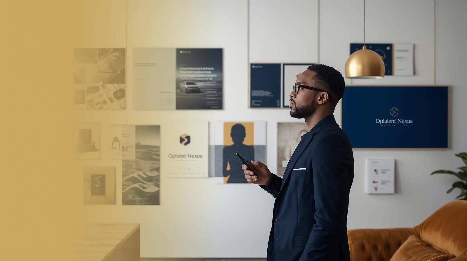 A man in a dark suit with glasses holding a smartphone in an office or conference room with various posters and a large blue Opulent Nexus sign on the wall.