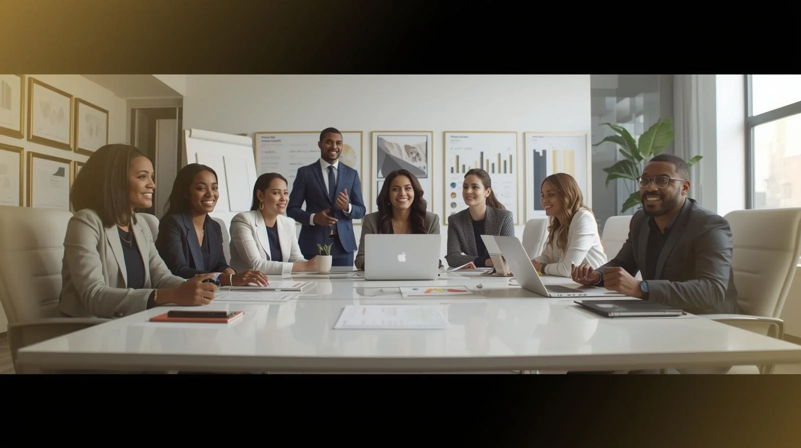A diverse group of professionals in a business meeting room, sitting around a table with laptops and documents, engaged in a discussion with one man standing and speaking.