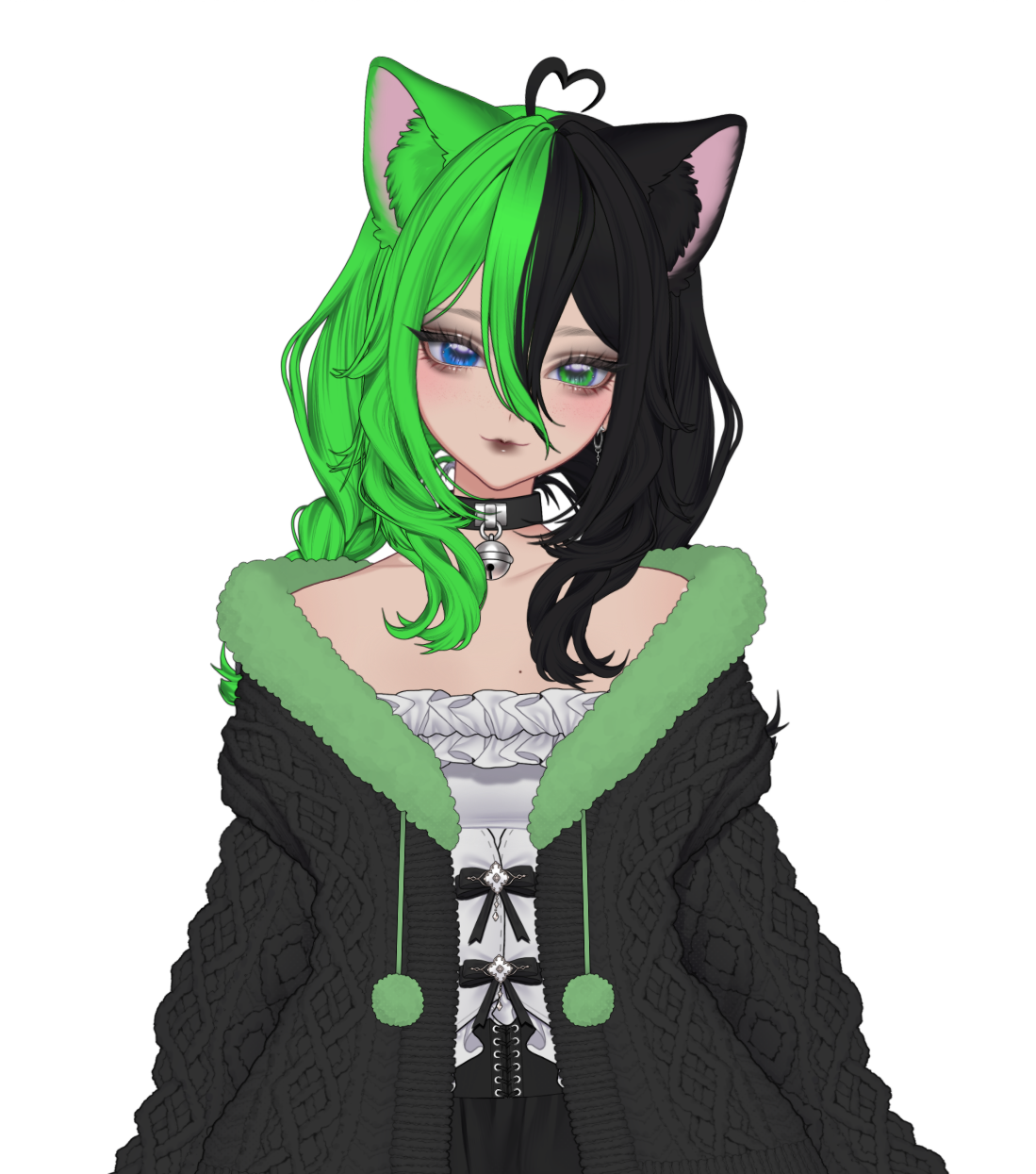 Anime-style girl with green and black hair, cat ears, purple and green eyes, wearing a black and green hooded sweater, white ruffled top, and a choker with a bell.
