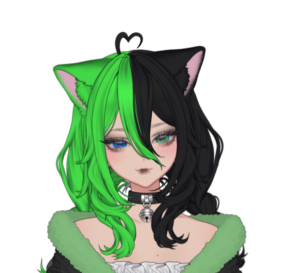 Anime-style female character with half green and half black hair, cat ears, green eyes, wearing a black choker with skull, and a black and green fur-lined outfit.