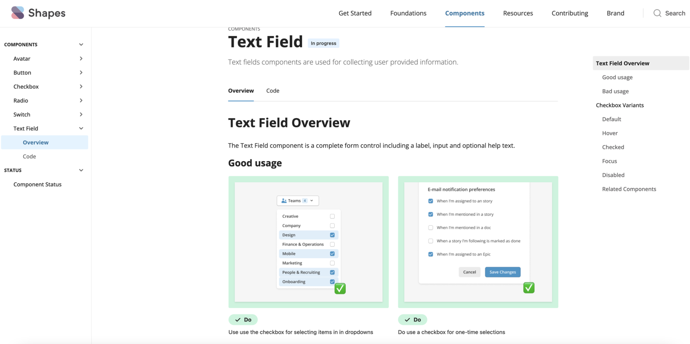 Templated component pages with usage instructions and code demos
