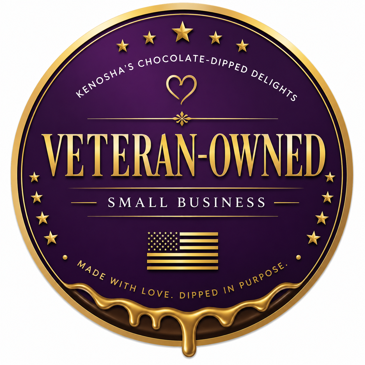 A circular badge with a gold border and purple background, featuring a gold American flag at the bottom, gold stars around the edge, and text indicating a veteran-owned small business, with phrases like "Kenosha's chocolate-dipped delights" and "Made with love, dipped in purpose".