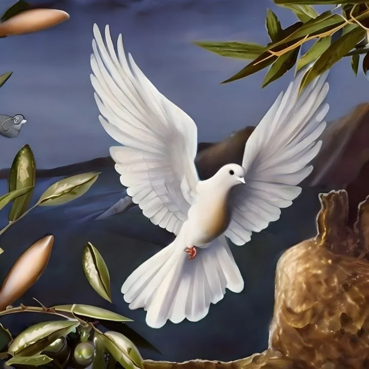 A white dove flying near olive branches with leaves and olives, in front of a painted landscape background.