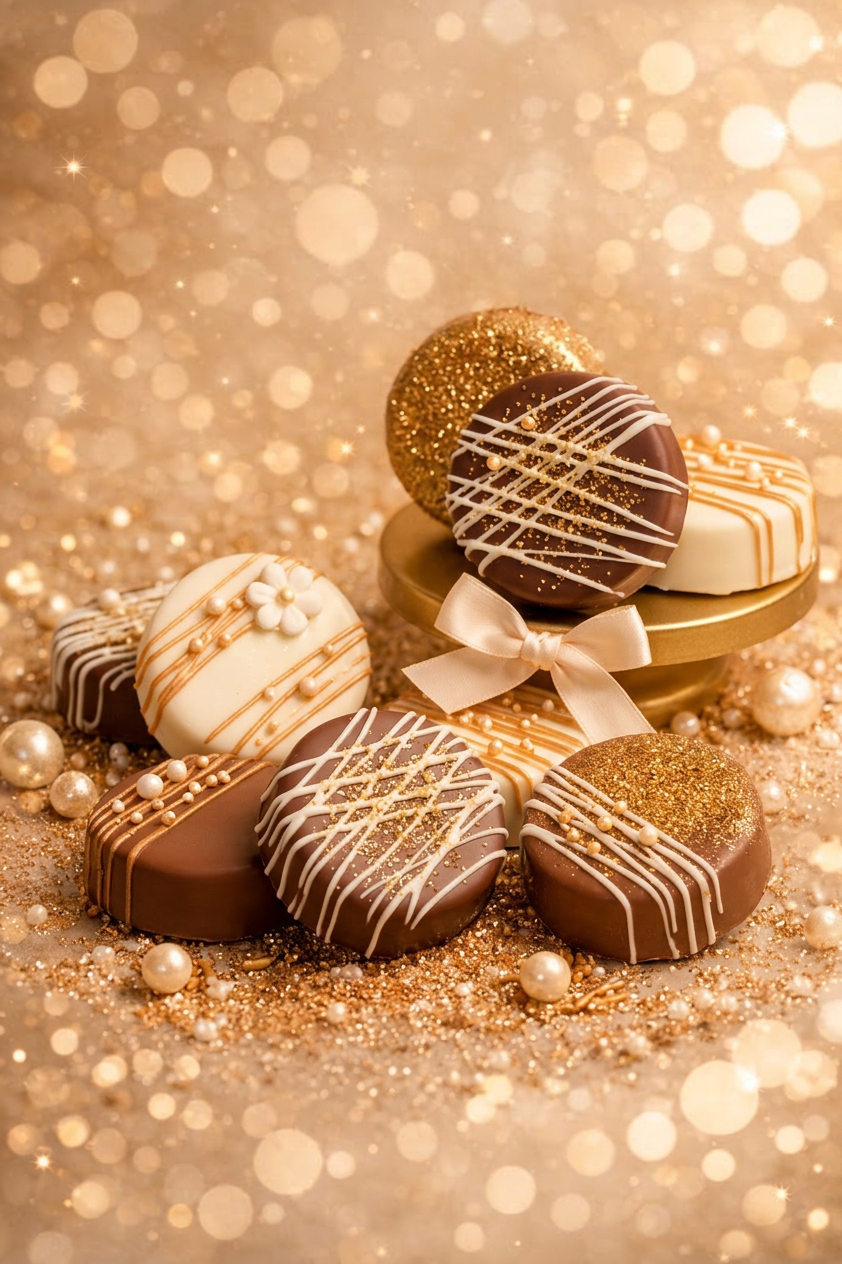 Assorted decorated chocolates and truffles on a glittery background with gold and white accents, with some tied with a ribbon.