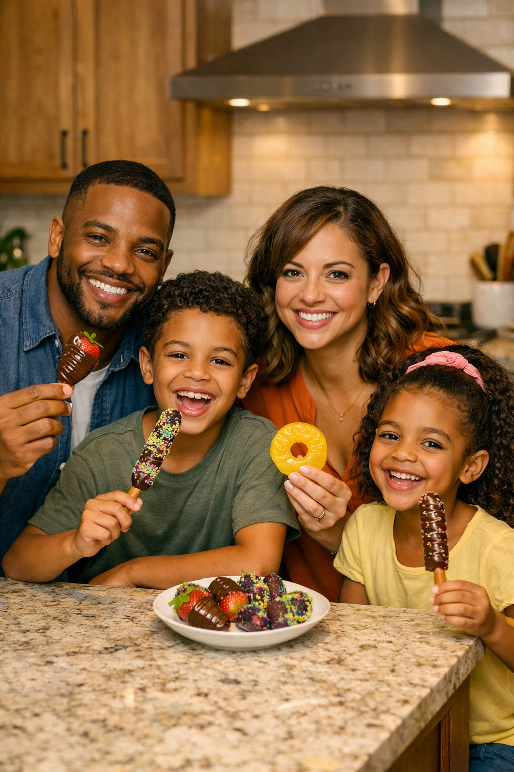 Smiling family of five enjoying ice cream and popsicles in a kitchen.